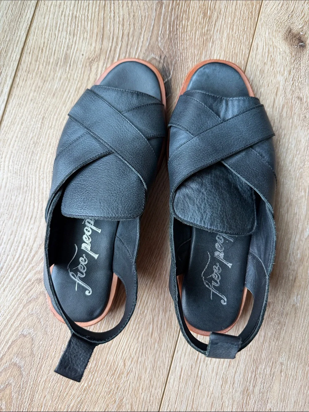 Free People Black Leather Crisscross Slingback Sandals Size 38